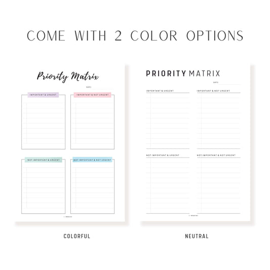 Priority Matrix and Planner Template, Printable, 2 colors, A4, A5, Letter, Half Letter, Fillable PDF