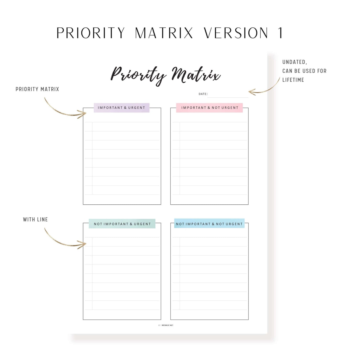 Priority Matrix and Planner Template, Printable, 2 colors, A4, A5, Letter, Half Letter, Fillable PDF