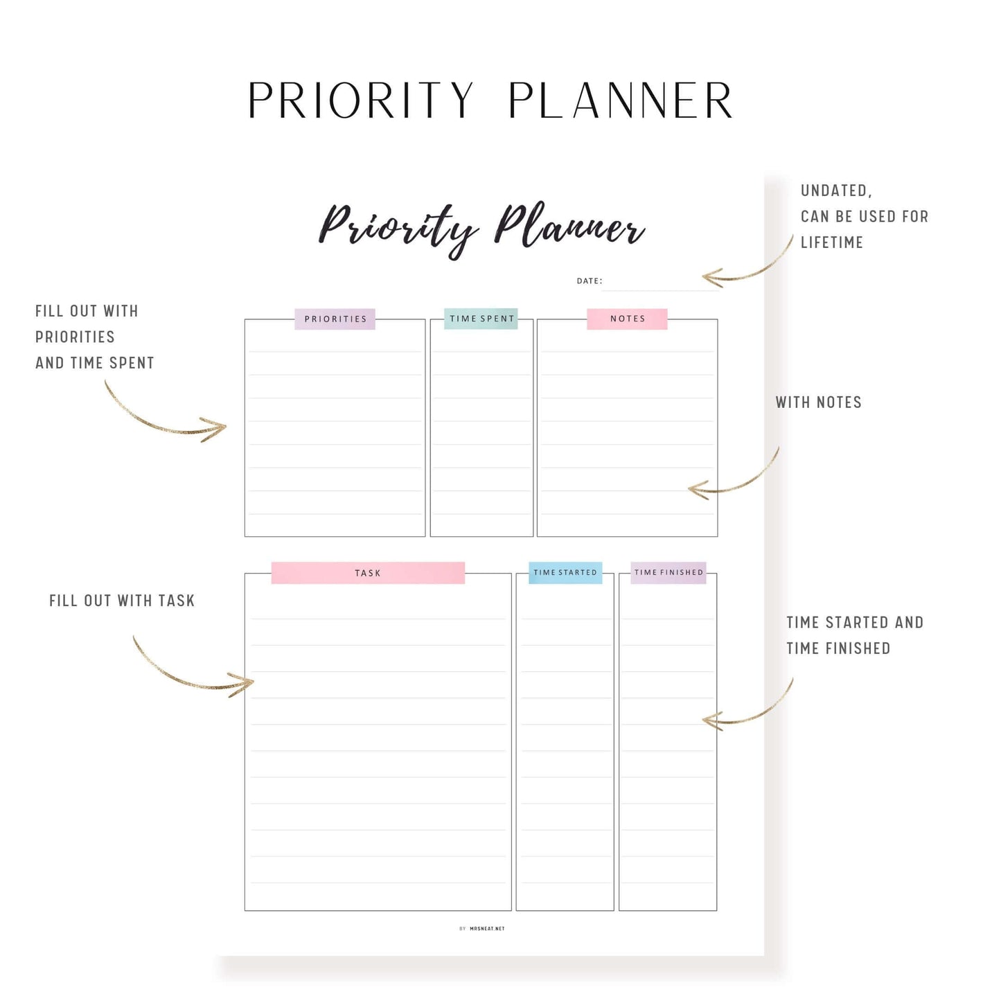Priority Matrix and Planner Template, Printable, 2 colors, A4, A5, Letter, Half Letter, Fillable PDF