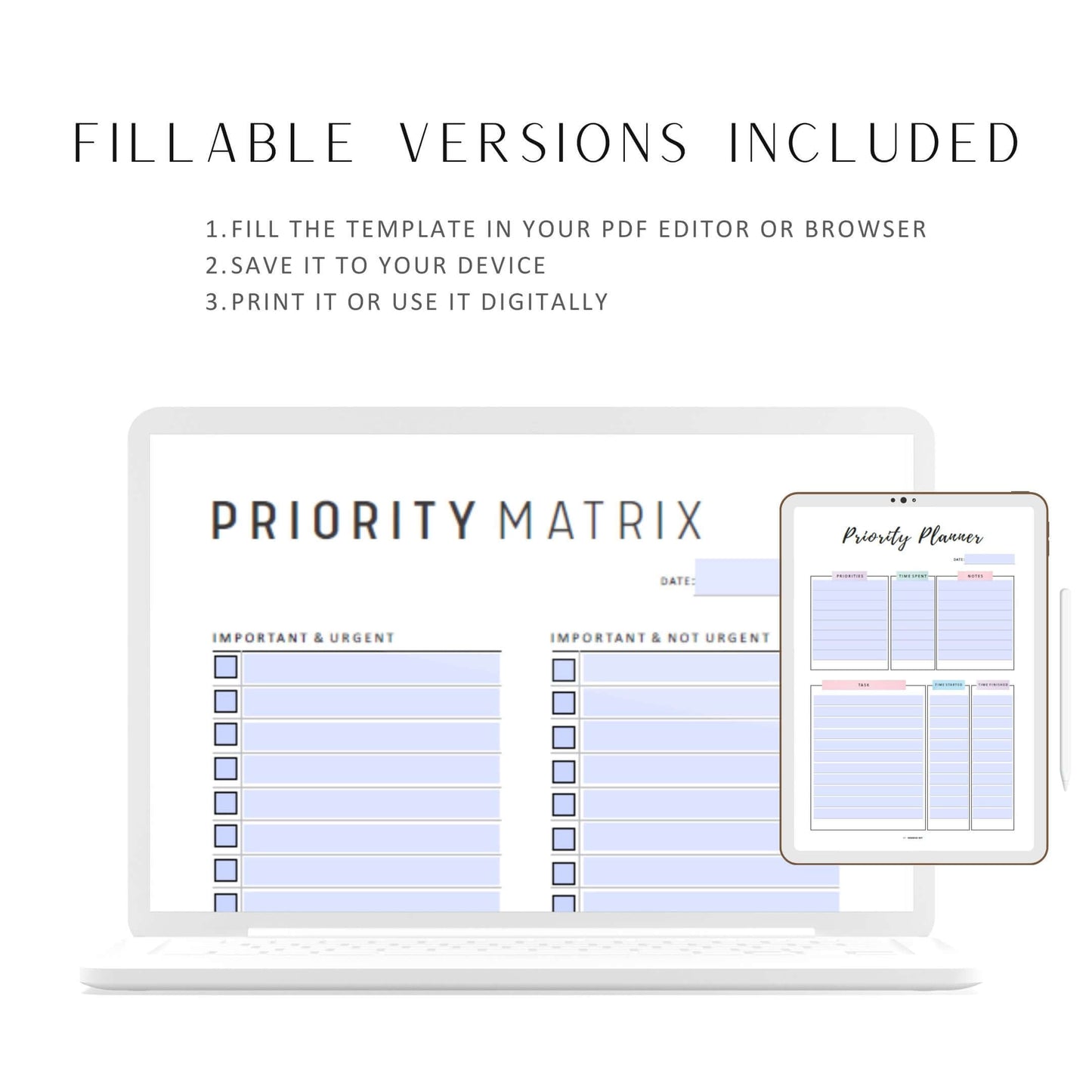 Priority Matrix and Planner Template, Printable, 2 colors, A4, A5, Letter, Half Letter, Fillable PDF