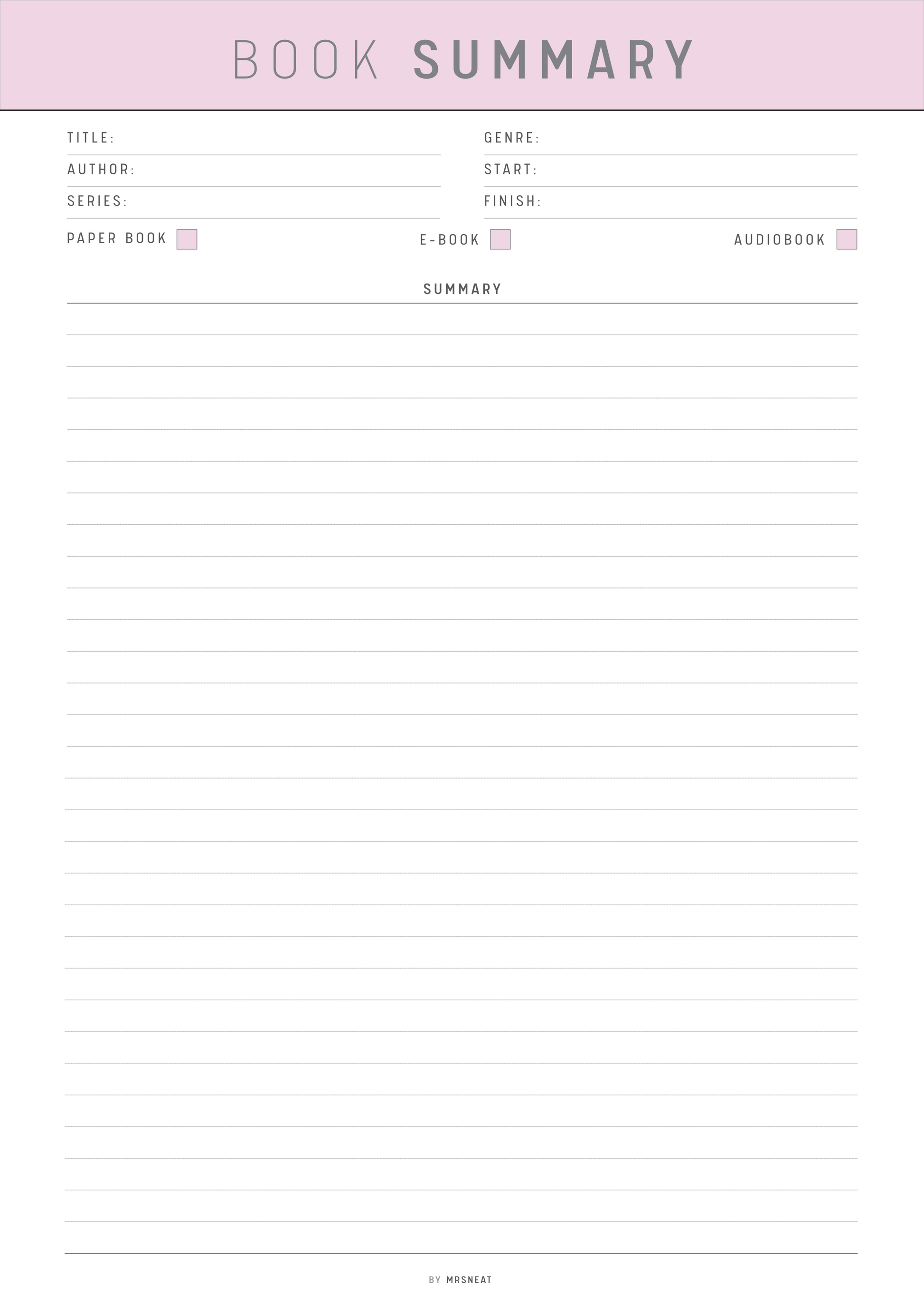 Blank book summary form with fields for title, author, genre, series, paper/book, e-book, audiobook, and summary.