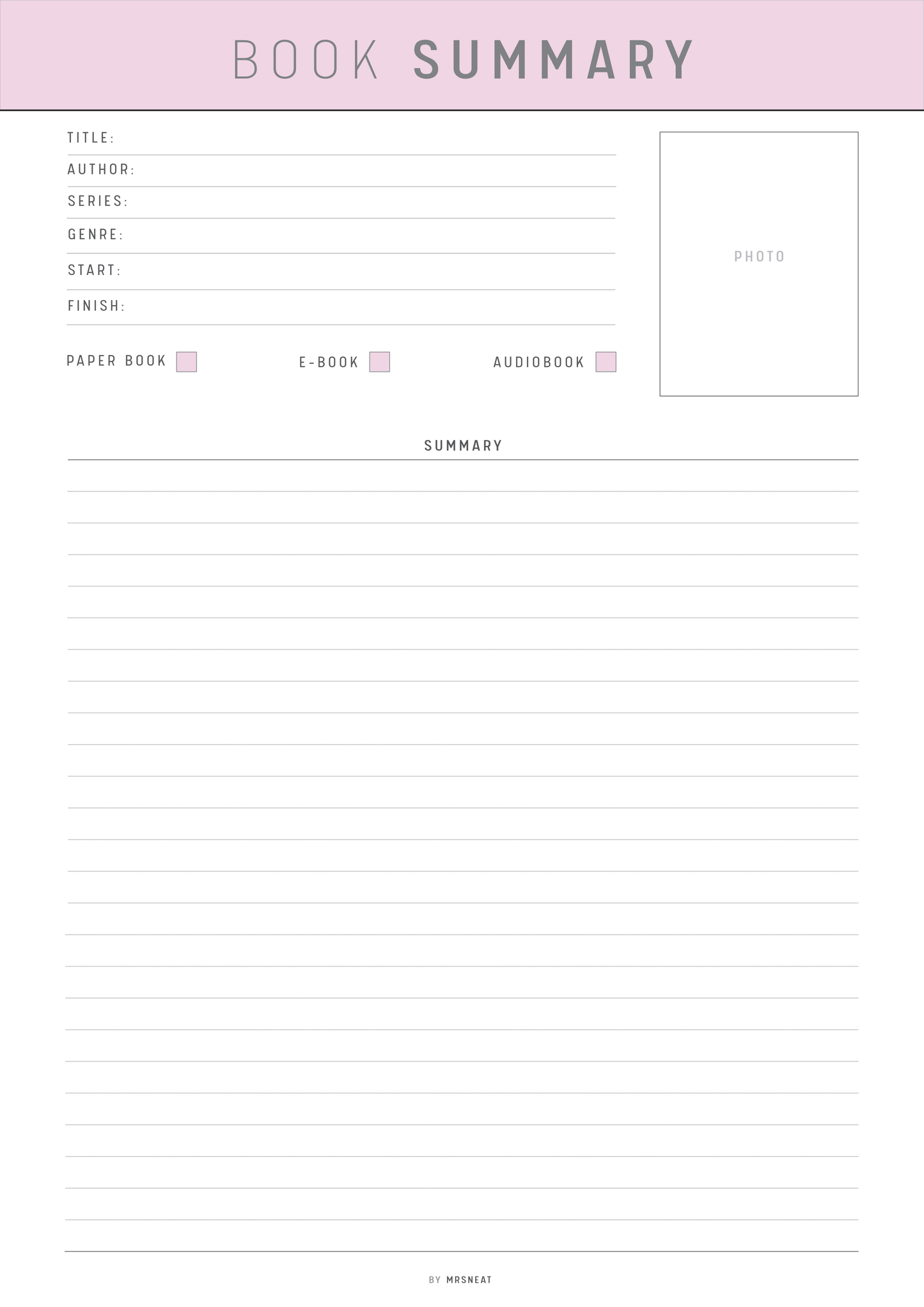 Blank book summary form with fields for title, author, series, genre, start, finish, paper/book, e-book, audiobook, and summary.