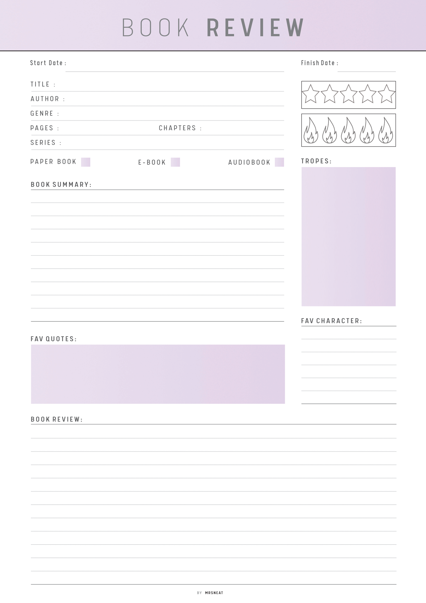 Book review form with various sections on a light purple background