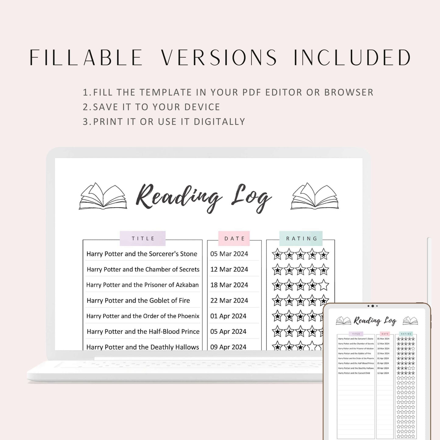 Reading Log Template Printable Vol.02, Colorful Page, A4, A5, Letter, Half Letter, Digital Planner, Fillable version PDF