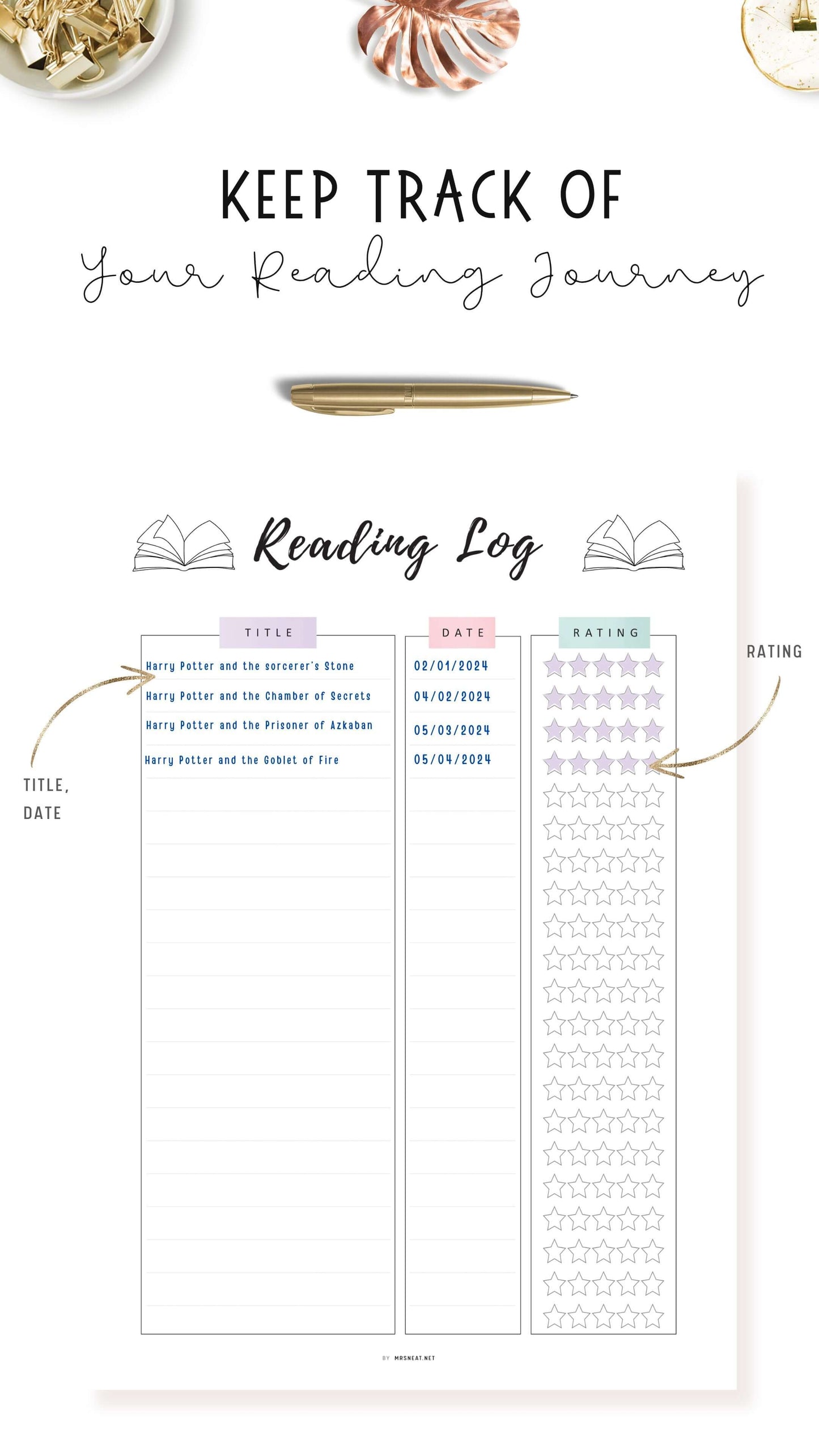 Reading Log Template Printable Vol.02, Colorful Page, A4, A5, Letter, Half Letter, Digital Planner, Fillable version PDF