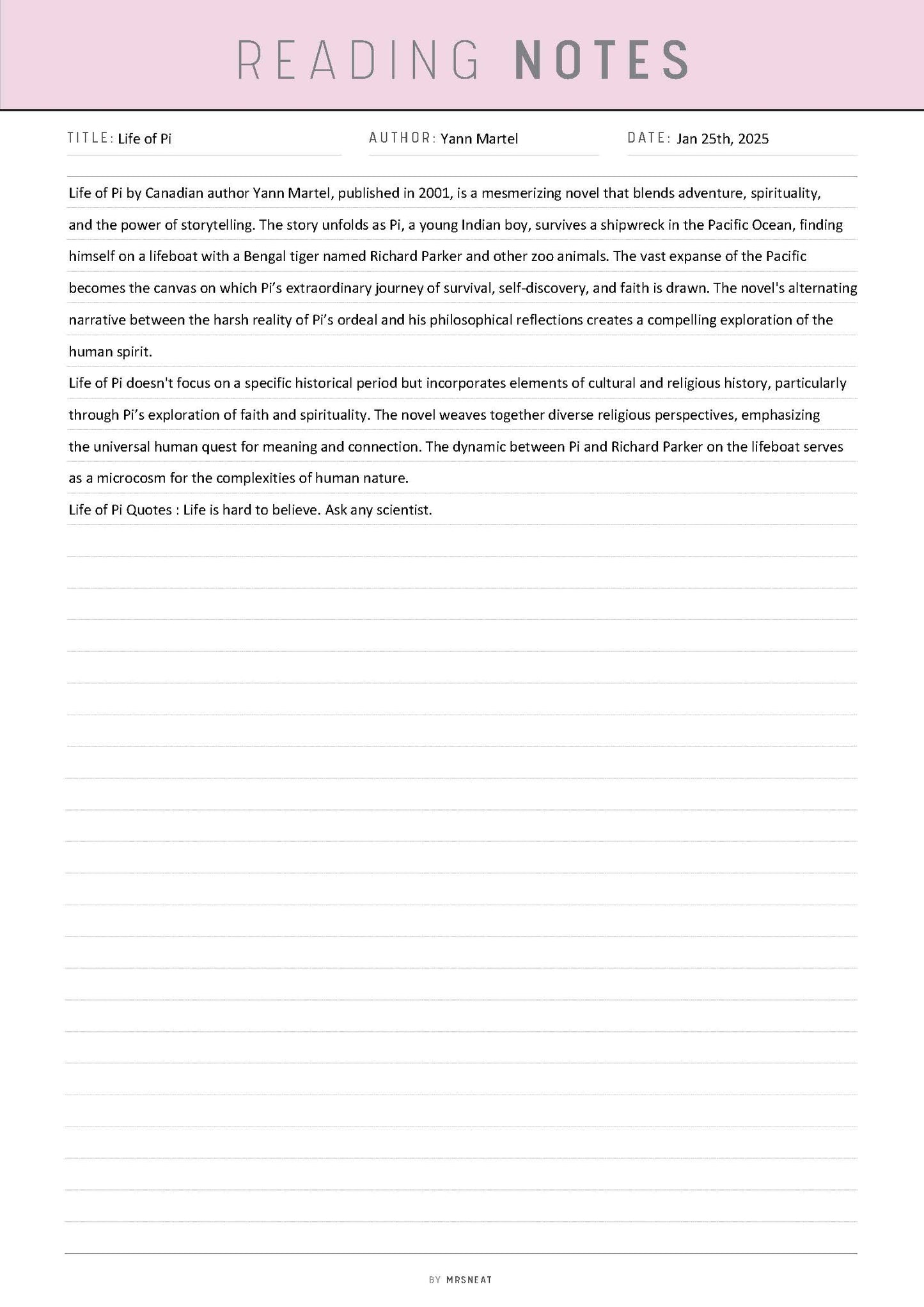 Fillable Reading Notes Template Printable, Reading Notes Pages, Pdf, A4, Letter, Half Letter, A5, 5 Colors