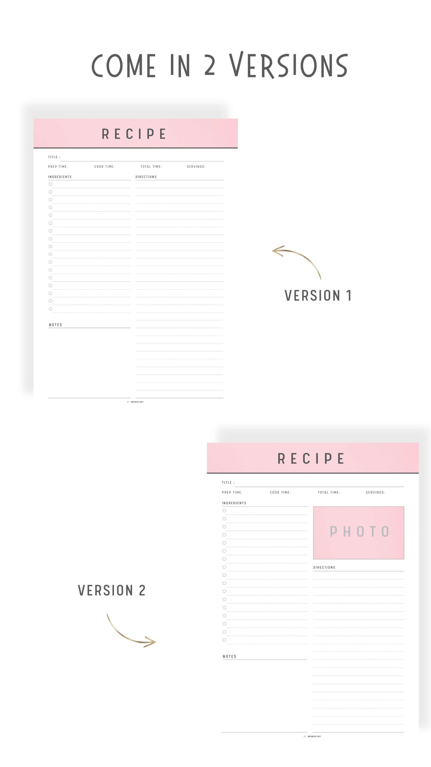 2 Versions Recipe Page Printable