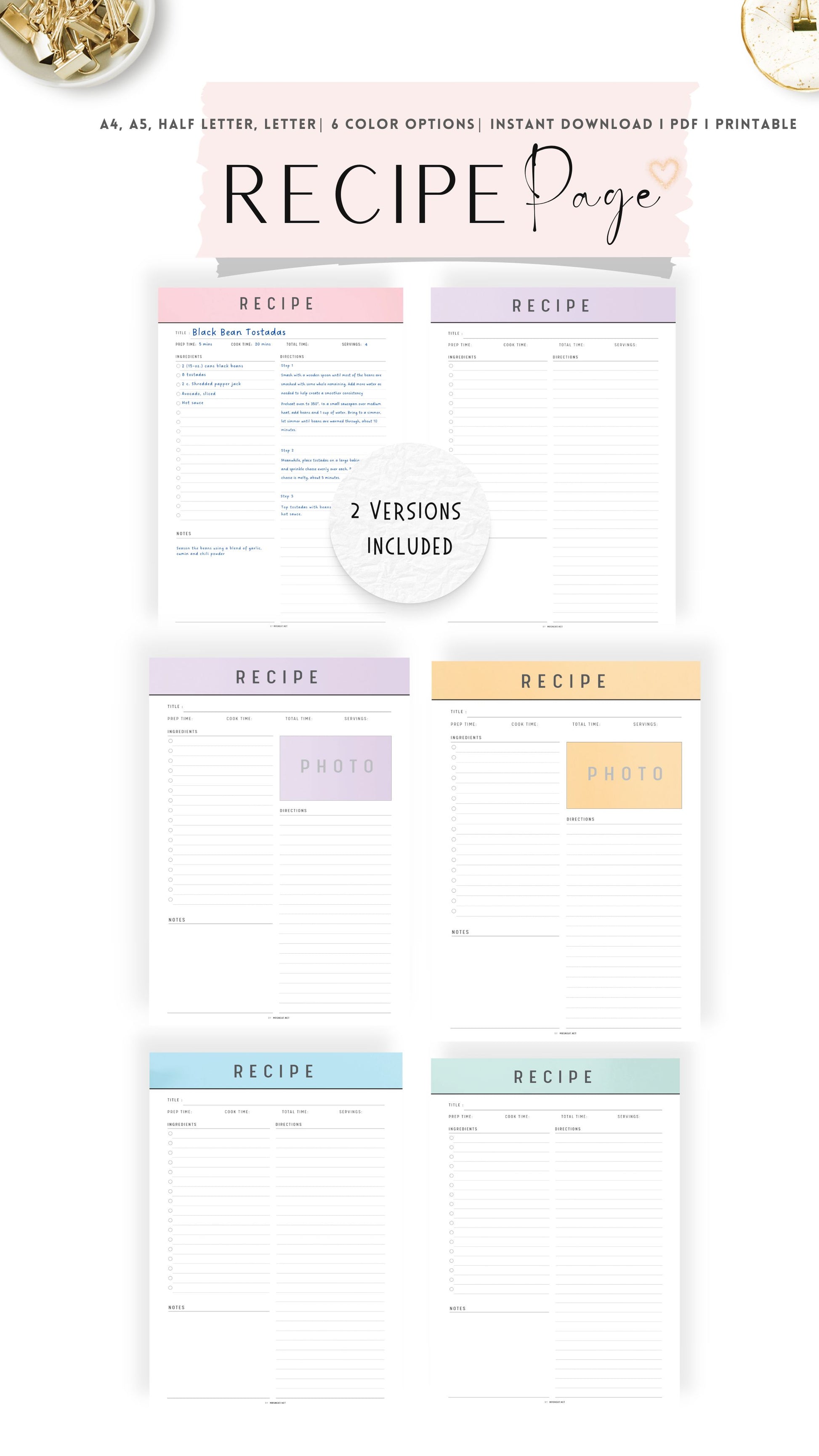 Colorful Recipe Page Printable