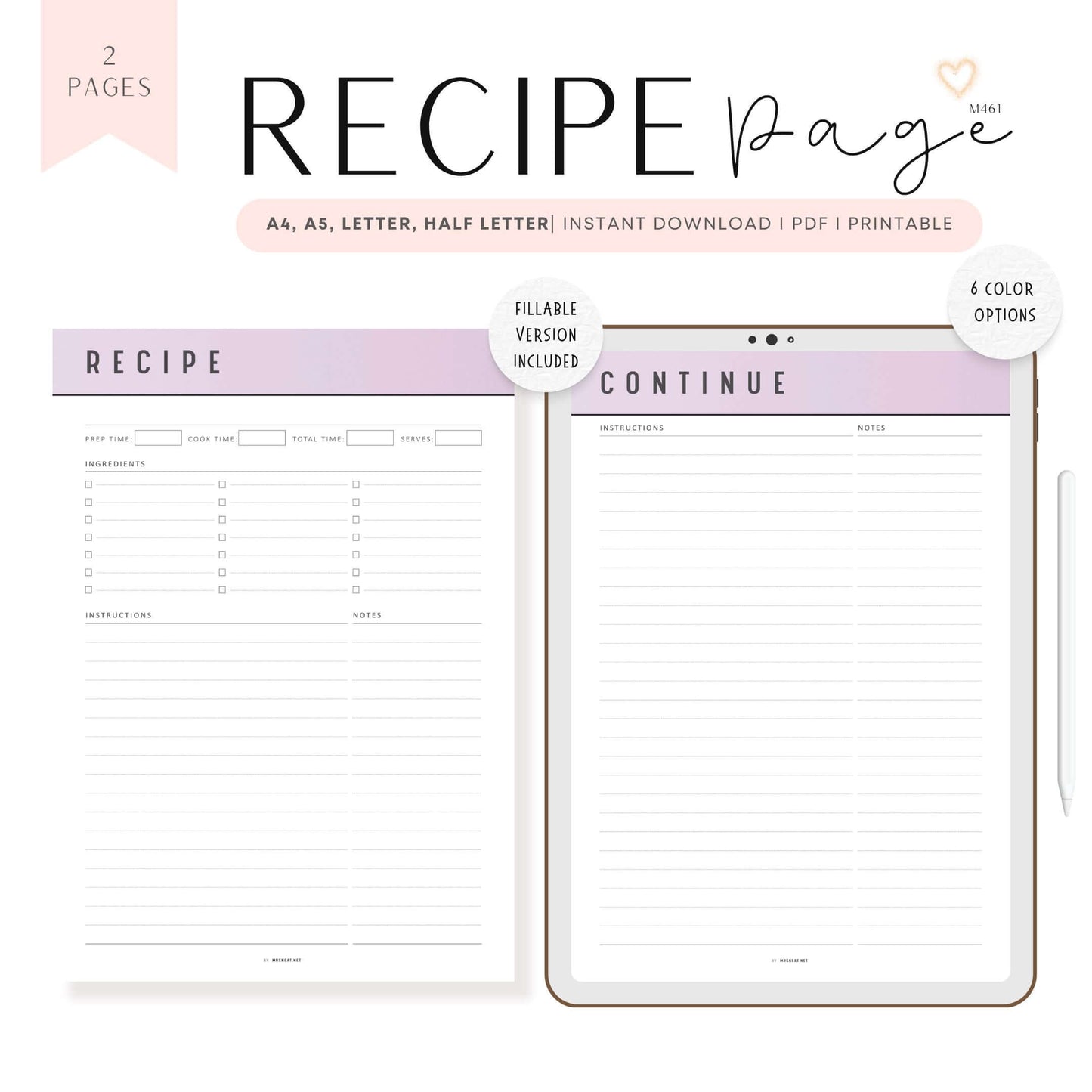Colorful Recipe Page Template Printable, PDF, 6 Colors, 2 Pages, Fillable PDF