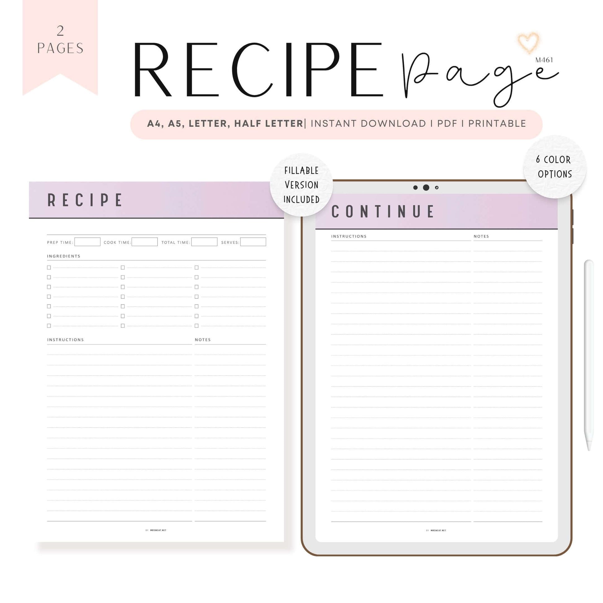Colorful Recipe Page Template Printable, PDF, 6 Colors, 2 Pages, Fillable PDF