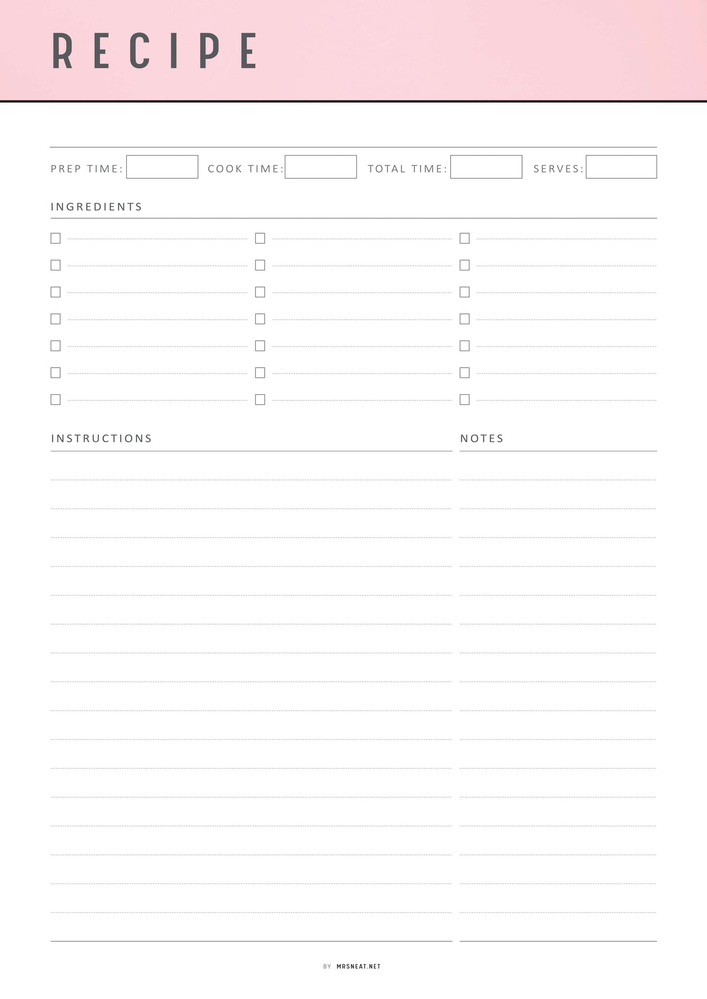 Colorful Recipe Page Template Printable, PDF, 6 Colors, 2 Pages, Fillable PDF