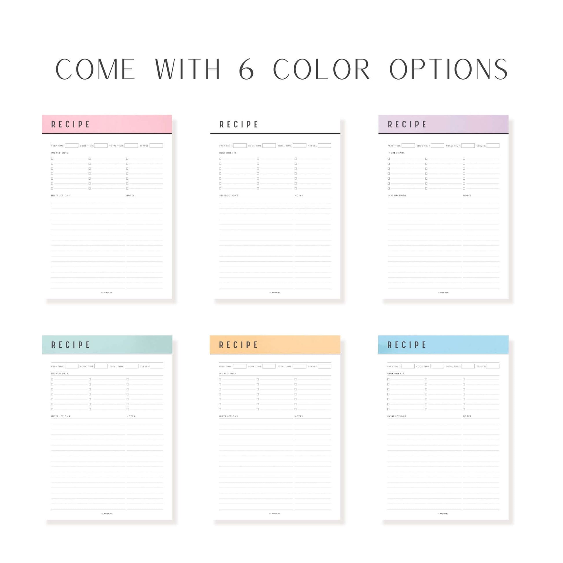 Colorful Recipe Page Template Printable, PDF, 6 Colors, 2 Pages, Fillable PDF