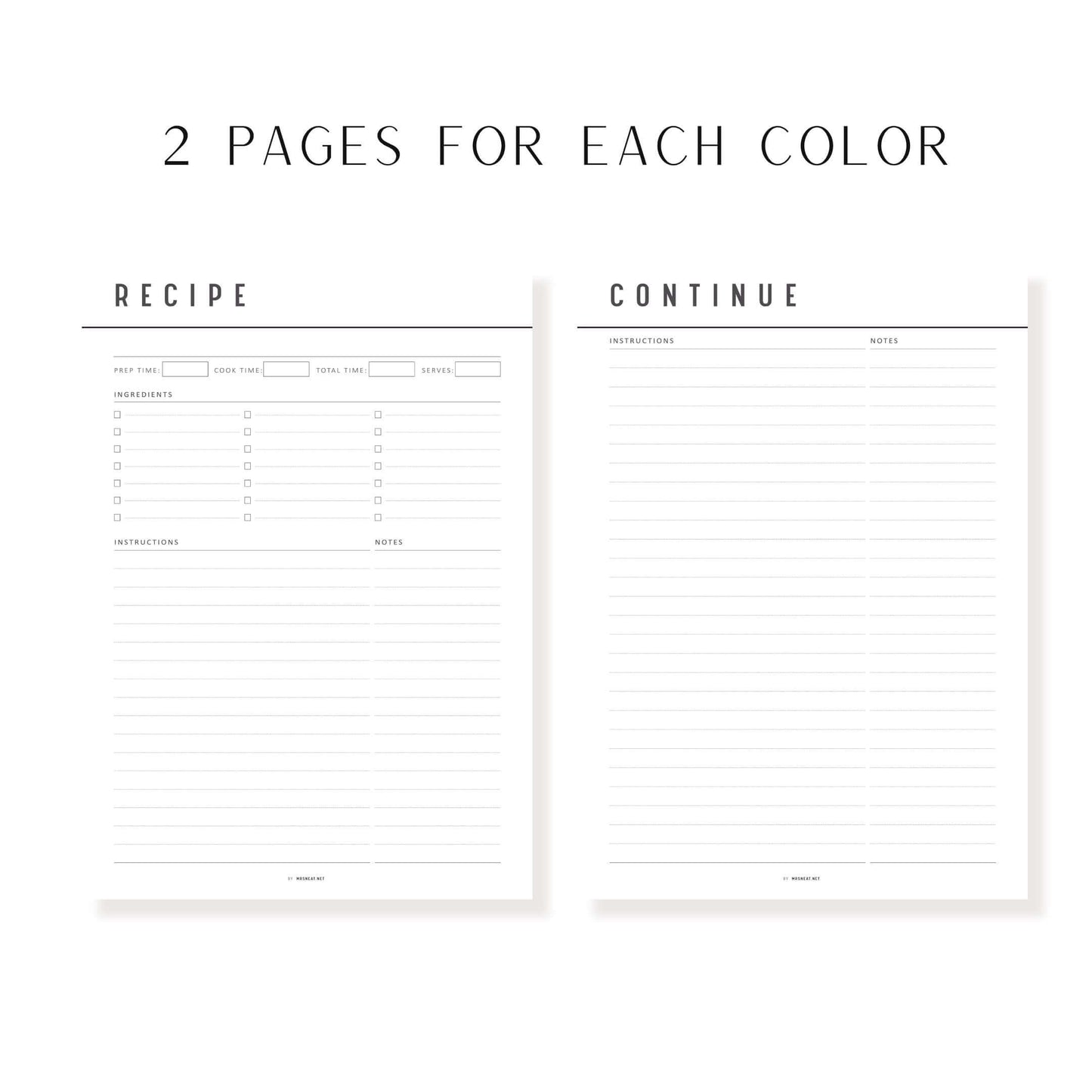 Colorful Recipe Page Template Printable, PDF, 6 Colors, 2 Pages, Fillable PDF