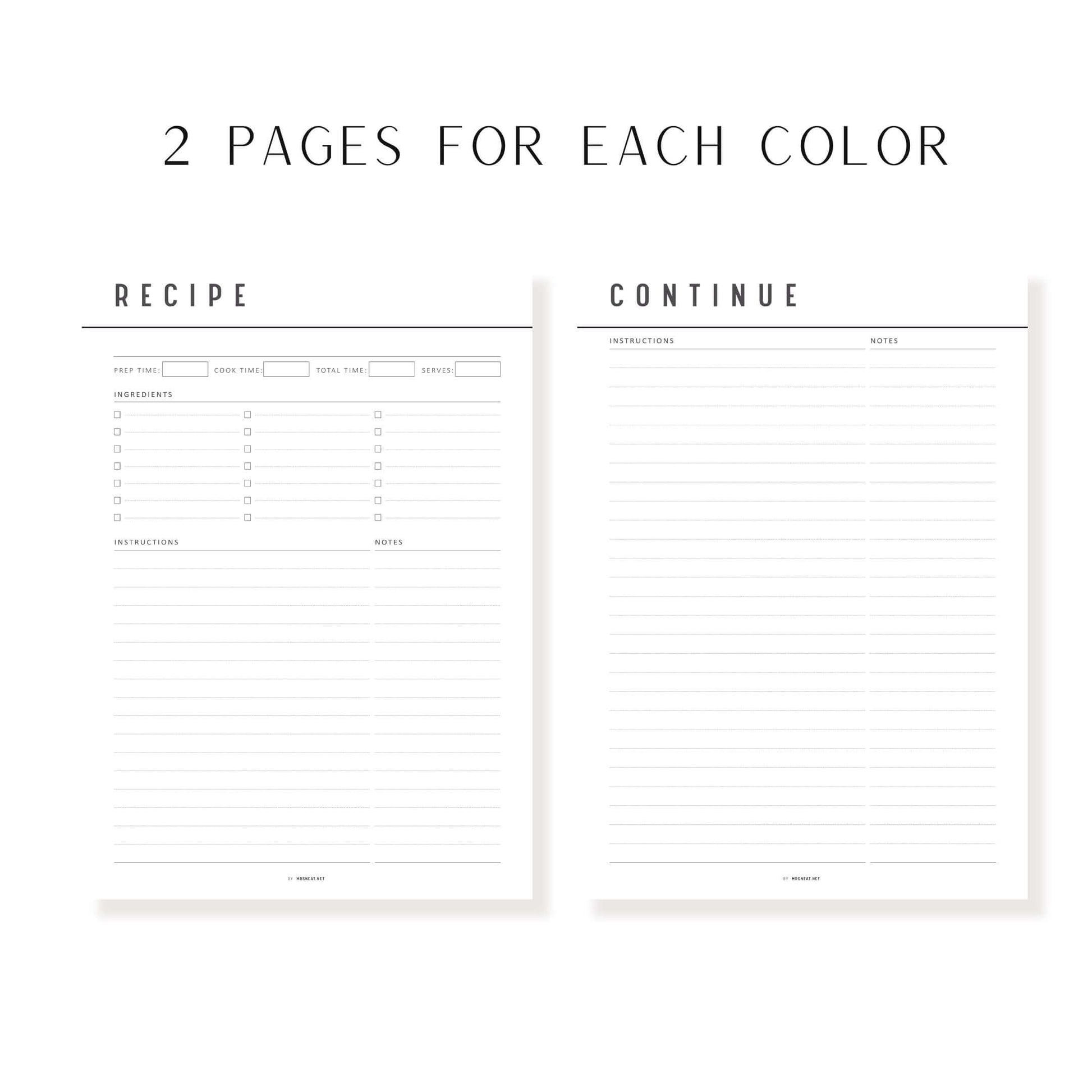 Colorful Recipe Page Template Printable, PDF, 6 Colors, 2 Pages, Fillable PDF