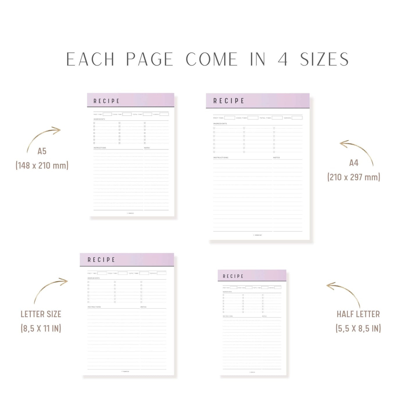 Colorful Recipe Page Template Printable, PDF, 6 Colors, 2 Pages, Fillable PDF
