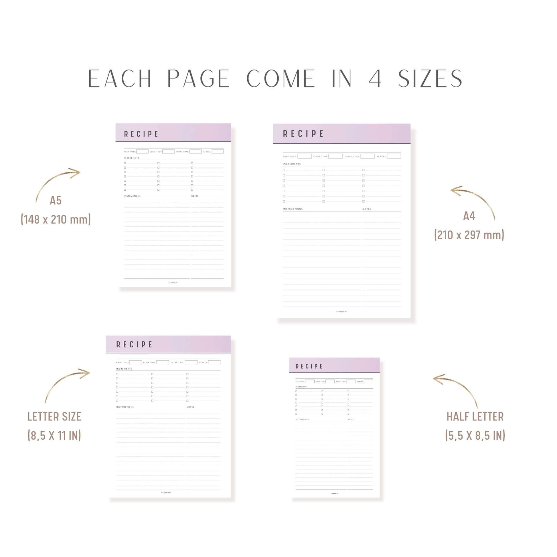 Colorful Recipe Page Template Printable, PDF, 6 Colors, 2 Pages, Fillable PDF