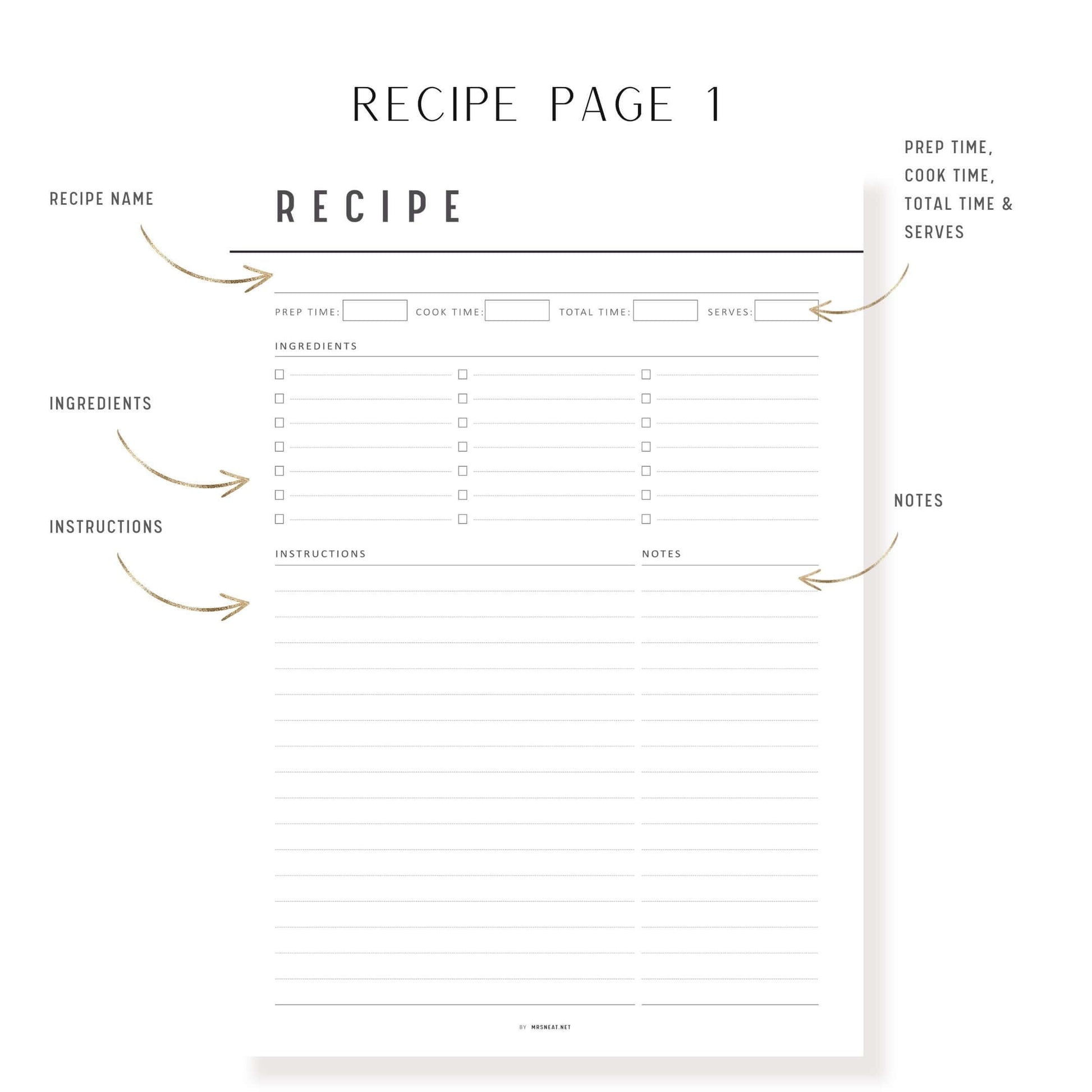 Colorful Recipe Page Template Printable, PDF, 6 Colors, 2 Pages, Fillable PDF