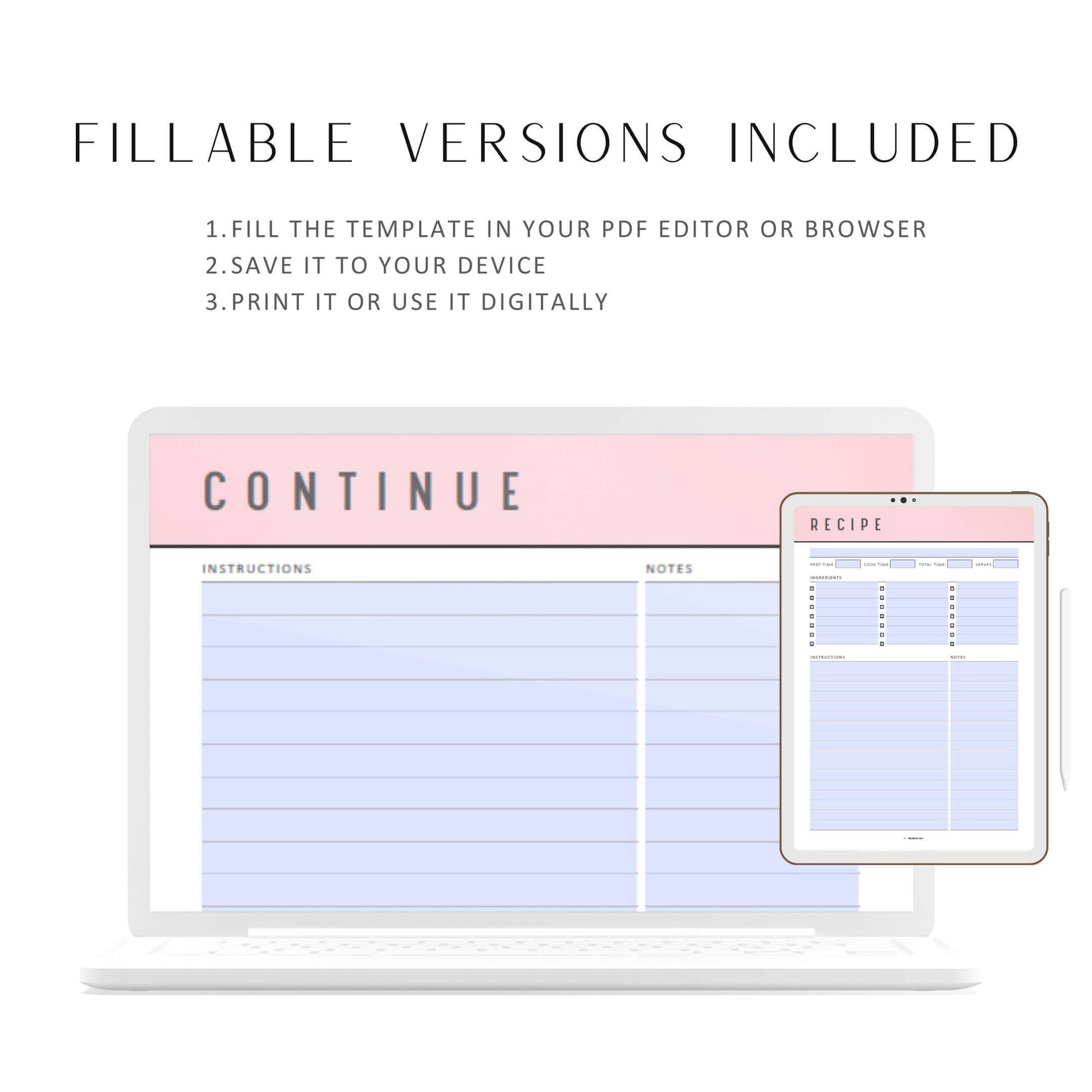 Colorful Recipe Page Template Printable, PDF, 6 Colors, 2 Pages, Fillable PDF