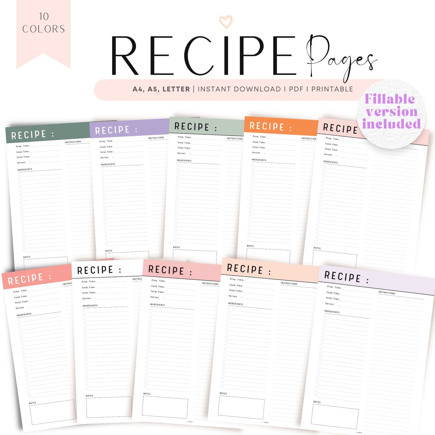 Simple Recipe Page Template, Recipe Printable, Fillable Recipe Journal, Recipe Card, Recipe pages, Cooking PDF, A4, Letter, 10 colors