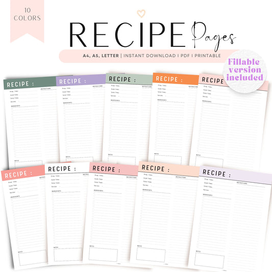 Simple Recipe Page Template, Recipe Printable, Fillable Recipe Journal, Recipe Card, Recipe pages, Cooking PDF, A4, Letter, 10 colors