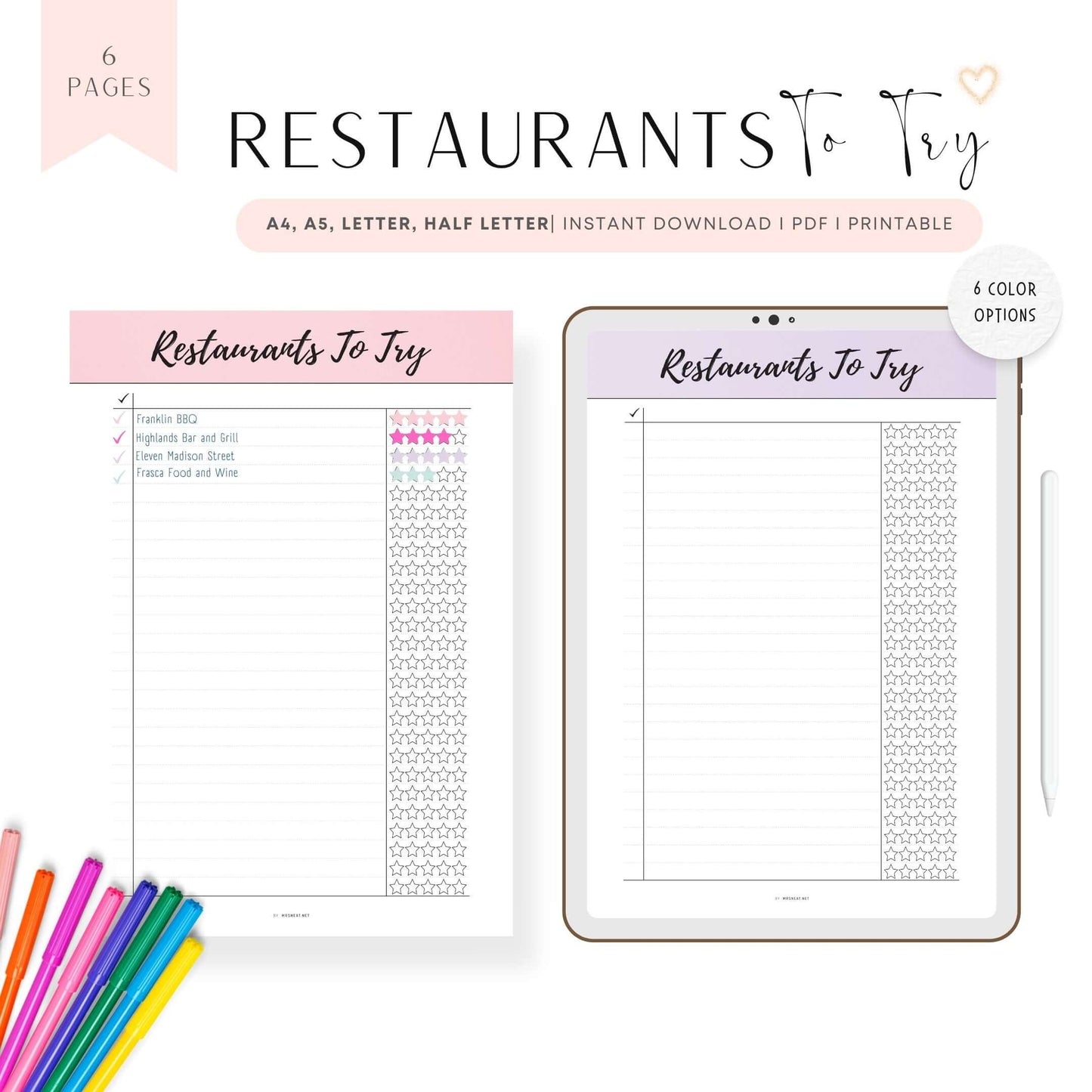Pink and Purple Best Restaurants To Try List Template Printable