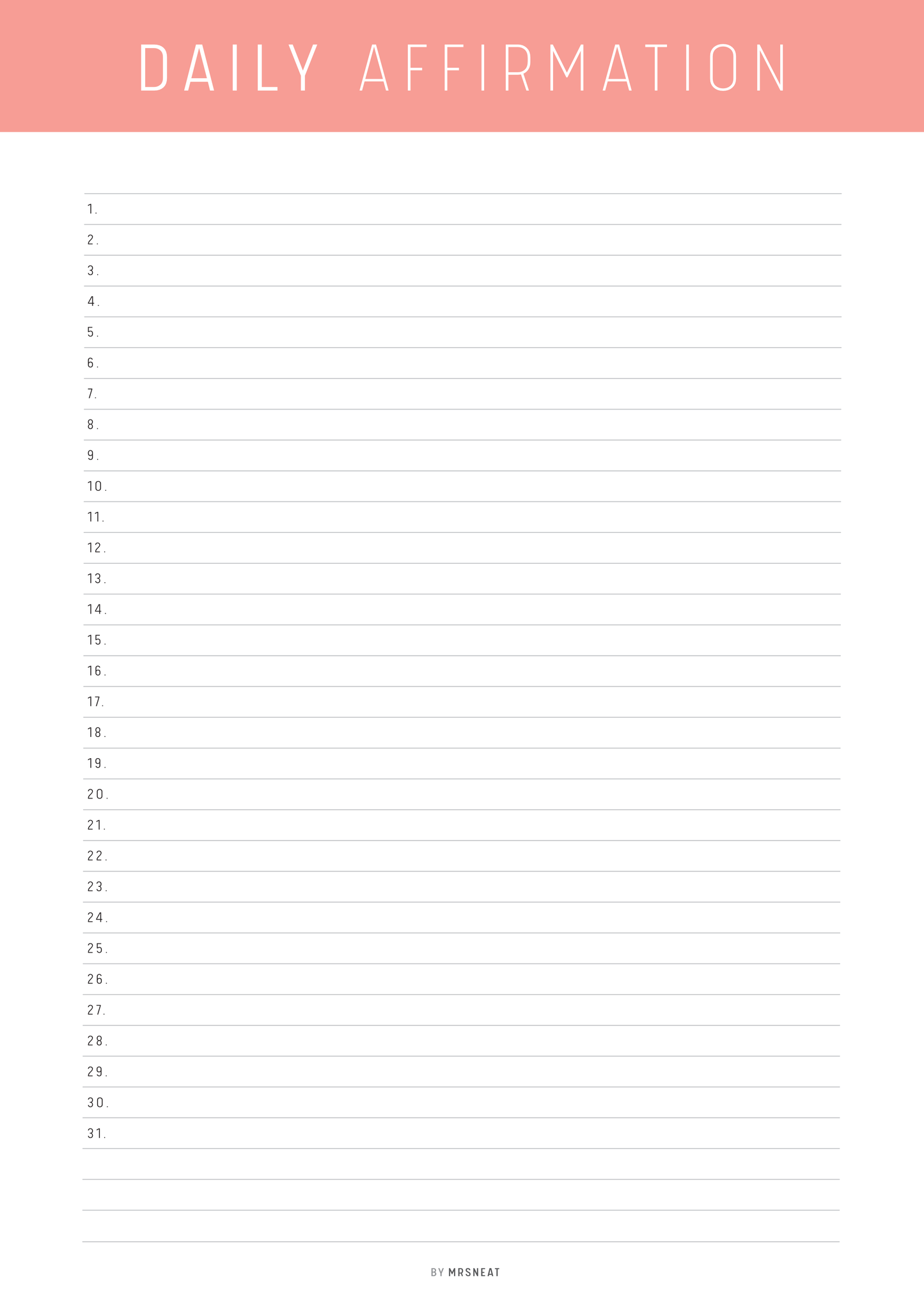 Blank sheet for daily affirmations with a pink header and white background