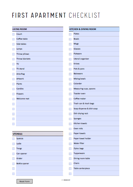 First apartment checklist with a blue and white color scheme