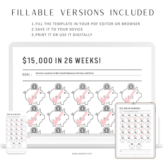 15,000 Money Saving Challenge Printable in 26 Weeks, Piggy Bank Template, Fillable Savings Tracker Page, PDF, A4, A5, Letter, Half Letter