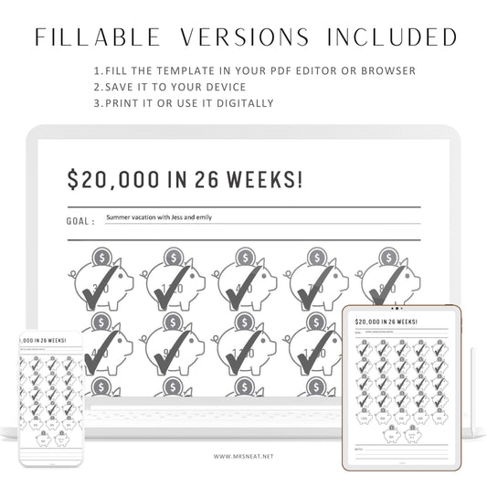 20000 Savings Challenge Printable, Save 20000 in 26 Weeks, Finance Planner, Fillable Savings Tracker, Budget Planner, Saving Money, PDF