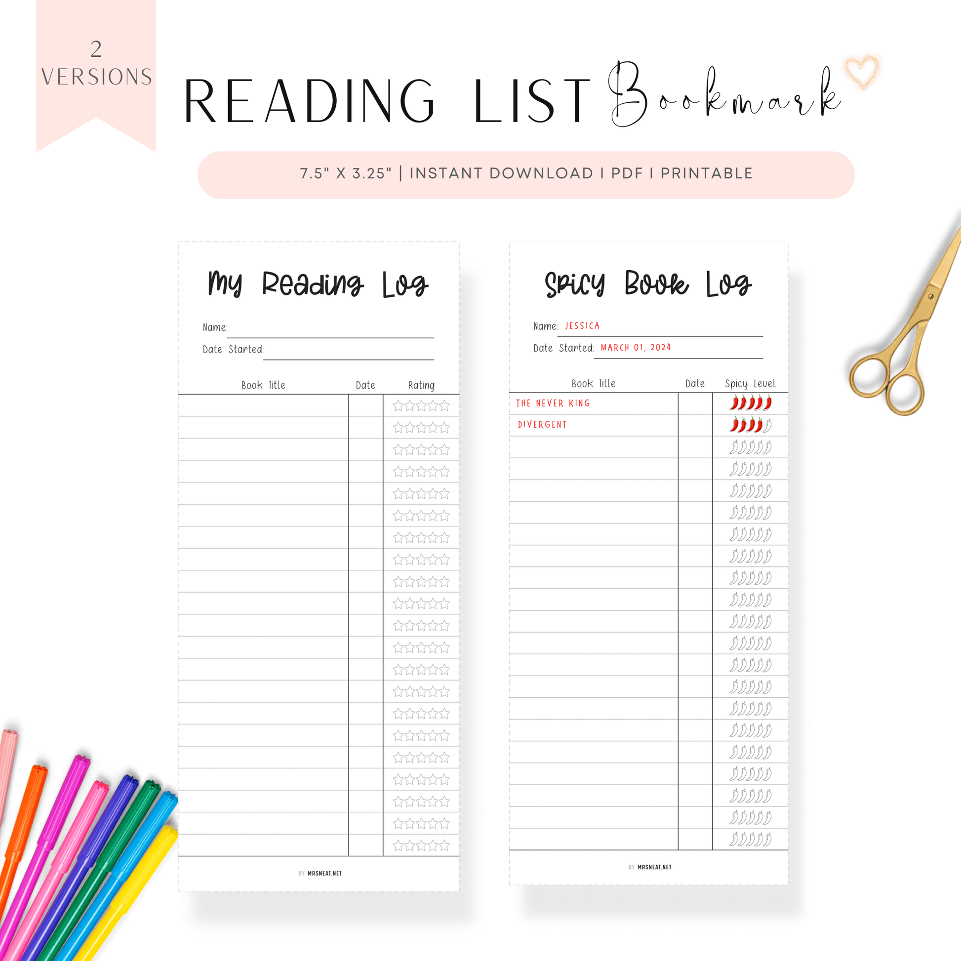 Reading List and Spicy Reading Log Bookmark Printable, Minimalist Bookmark Reading Tracker