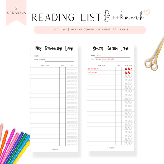 Reading List and Spicy Reading Log Bookmark Printable, Minimalist Bookmark Reading Tracker