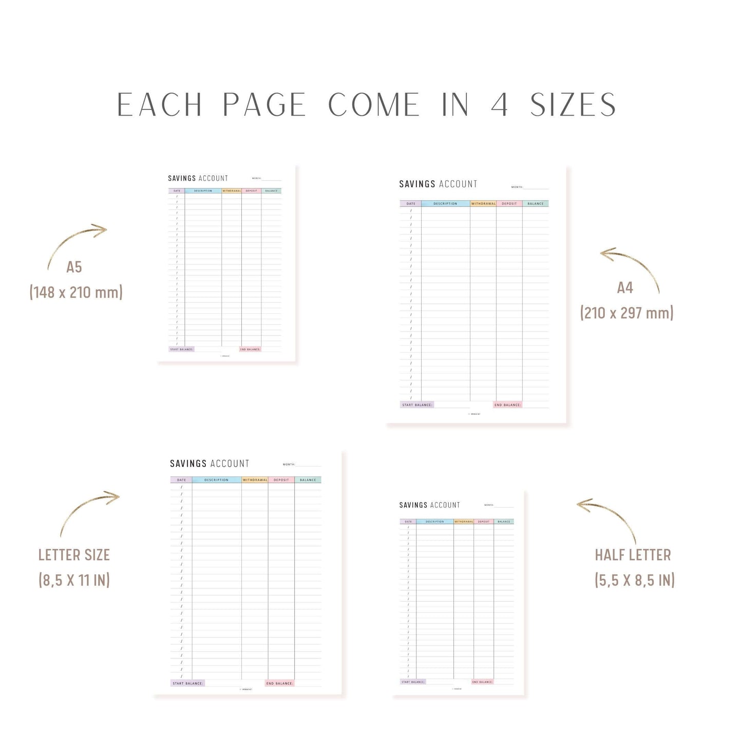 Savings Account Tracker Printable, A4, A5, Letter, Half Letter, Minimalist and Colorful Page
