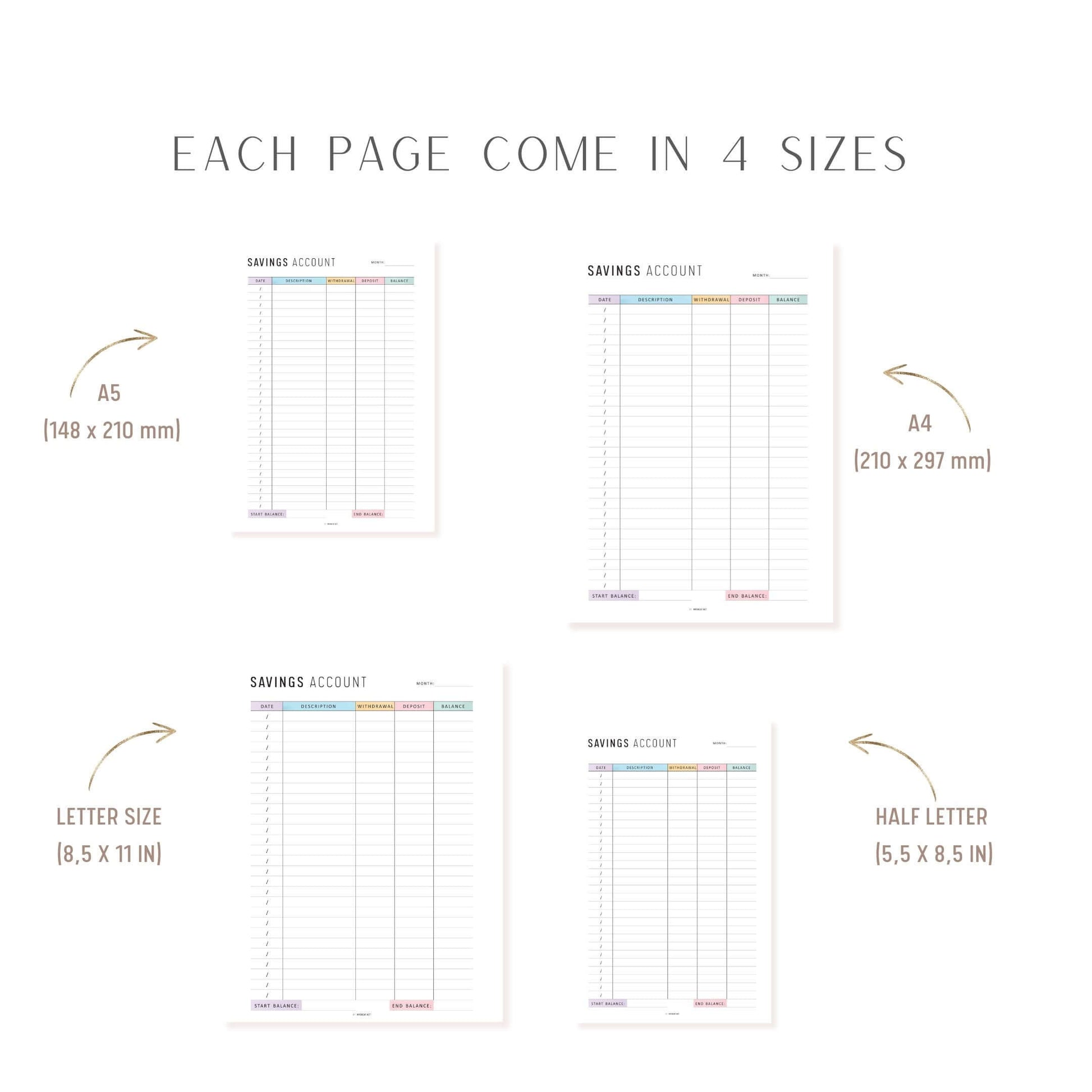 Savings Account Tracker Printable, A4, A5, Letter, Half Letter, Minimalist and Colorful Page