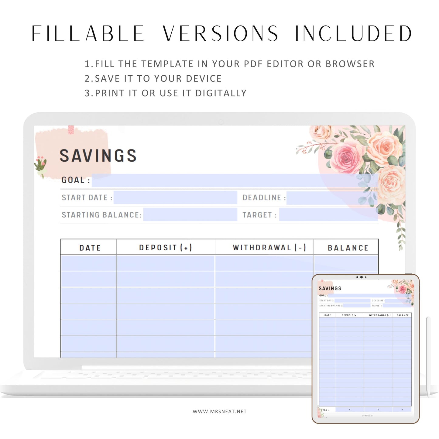 Savings Tracker, Savings Challenge, Savings Printable, A4, A5, Letter, Half Letter, PDF Fillable, Floral Theme