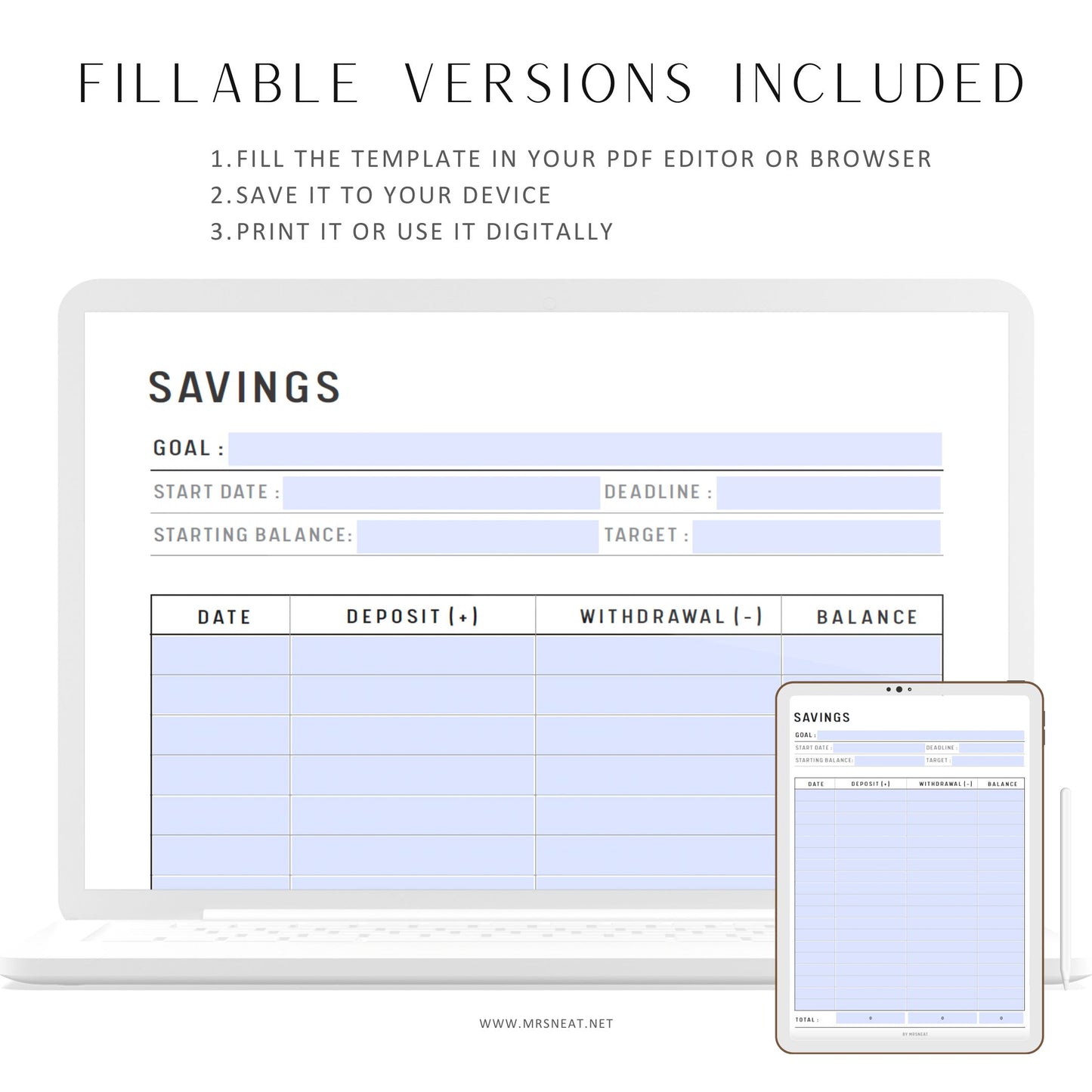 Cute, Beautiful and Minimalist Savings Tracker Printable, Fillable PDF, Digital Planner, A4, A5, Letter, Half Letter