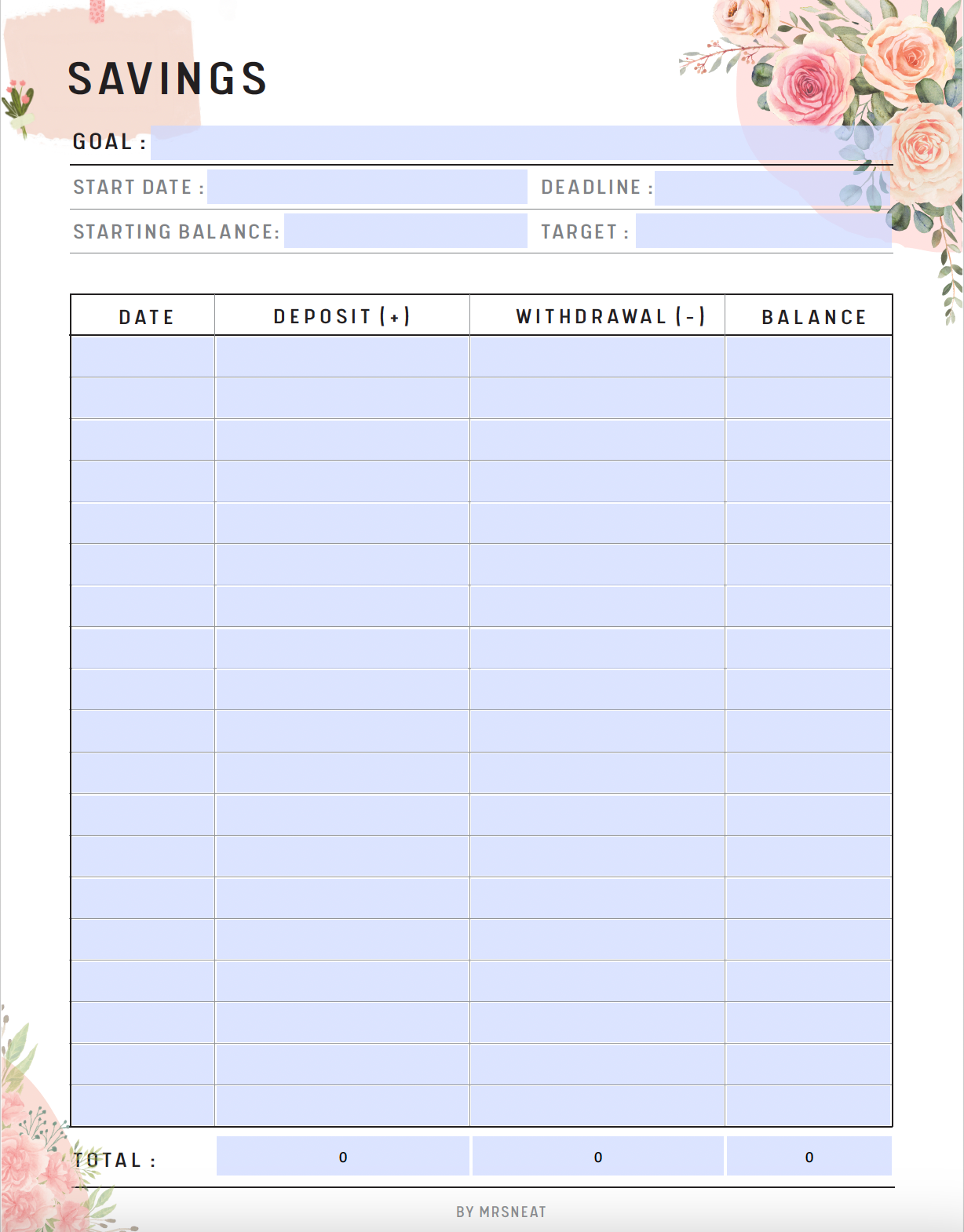 Savings Tracker, Savings Challenge, Savings Printable, A4, A5, Letter, Half Letter, PDF Fillable, Floral Theme