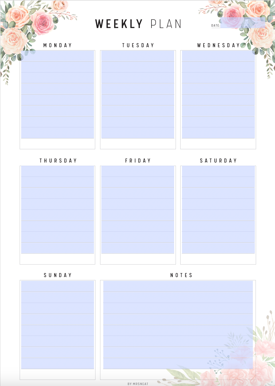 Floral Fillable Weekly Planner Printable, Weekly Schedule, Weekly Agenda, Weekly Planner Pages, 5 Versions, A4, A5, Letter, Half Letter