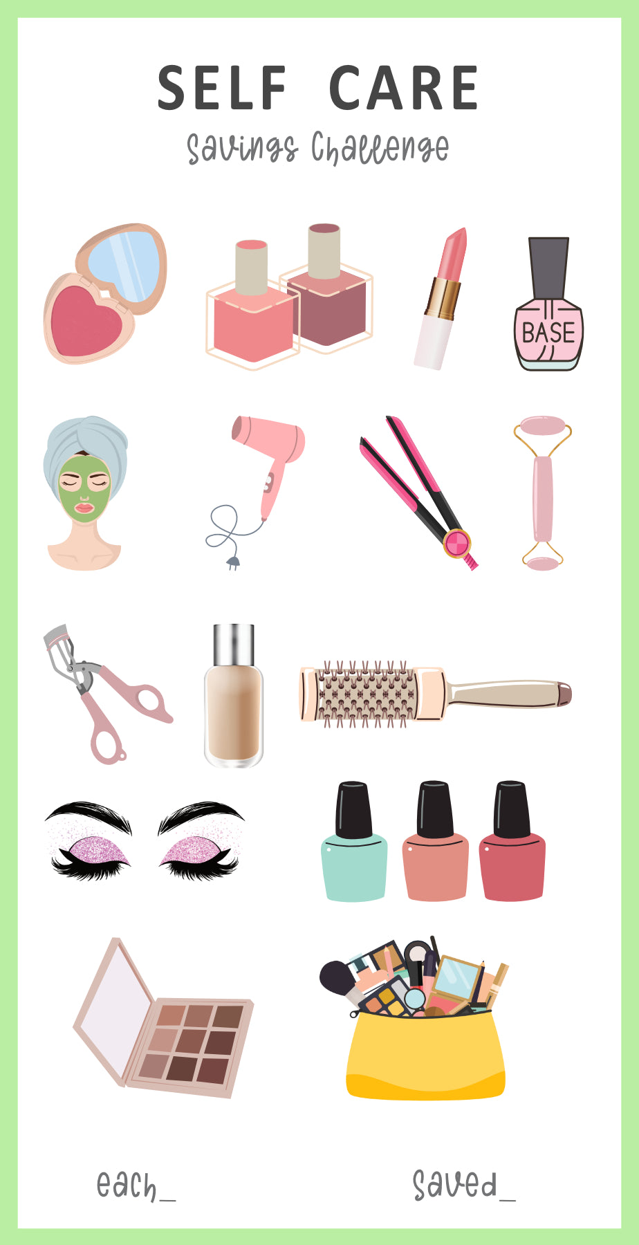 Illustrations of self-care savings tracker with text 'Self Care Savings Challenge' on a green border.