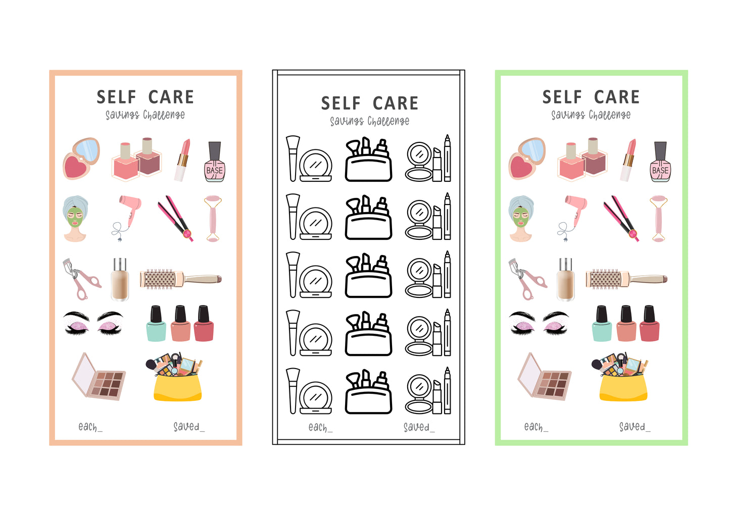 Three self-care-themed savings challenge with illustrations of beauty products on a white background.