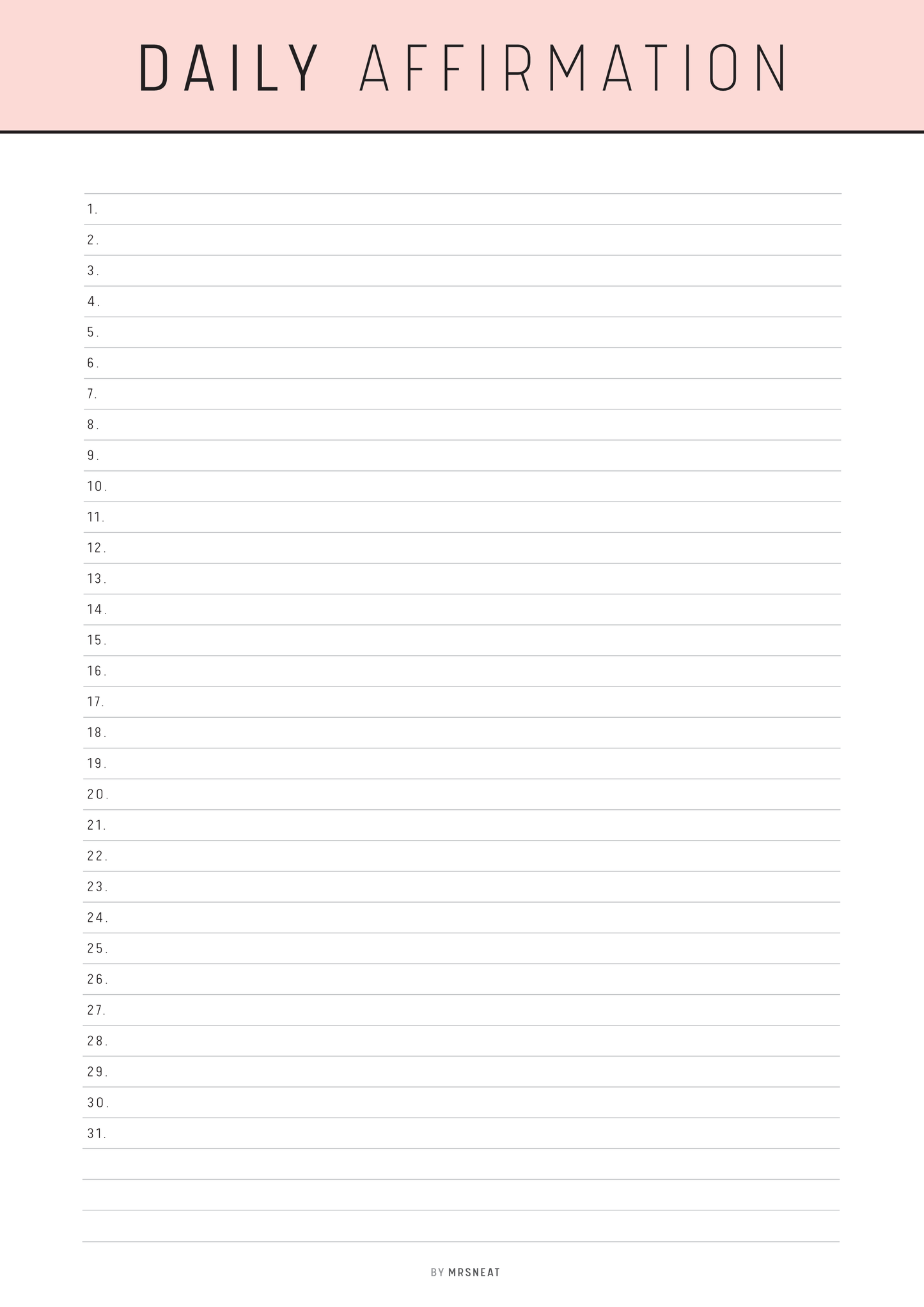 Blank daily affirmation sheet with a pink header and numbered lines.