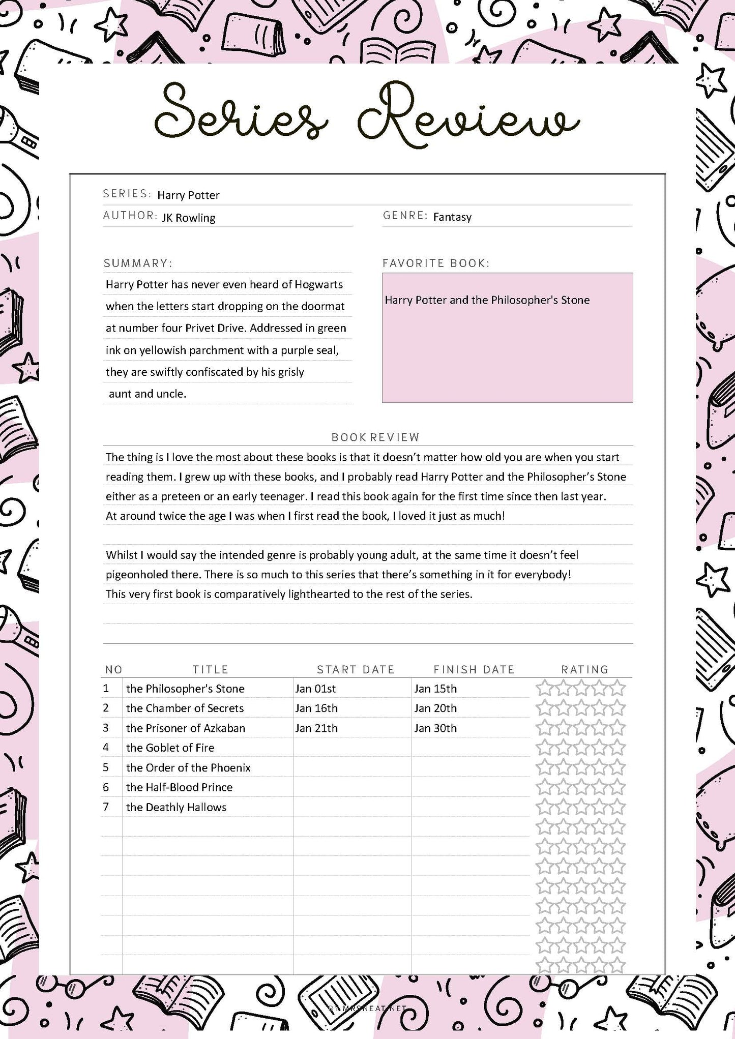 Fillable Book Series Tracker Printable, Book Series List, Book Series Planner, Reading List, Series Tracker, 5 Colors, A4, A5, Letter, Half Letter