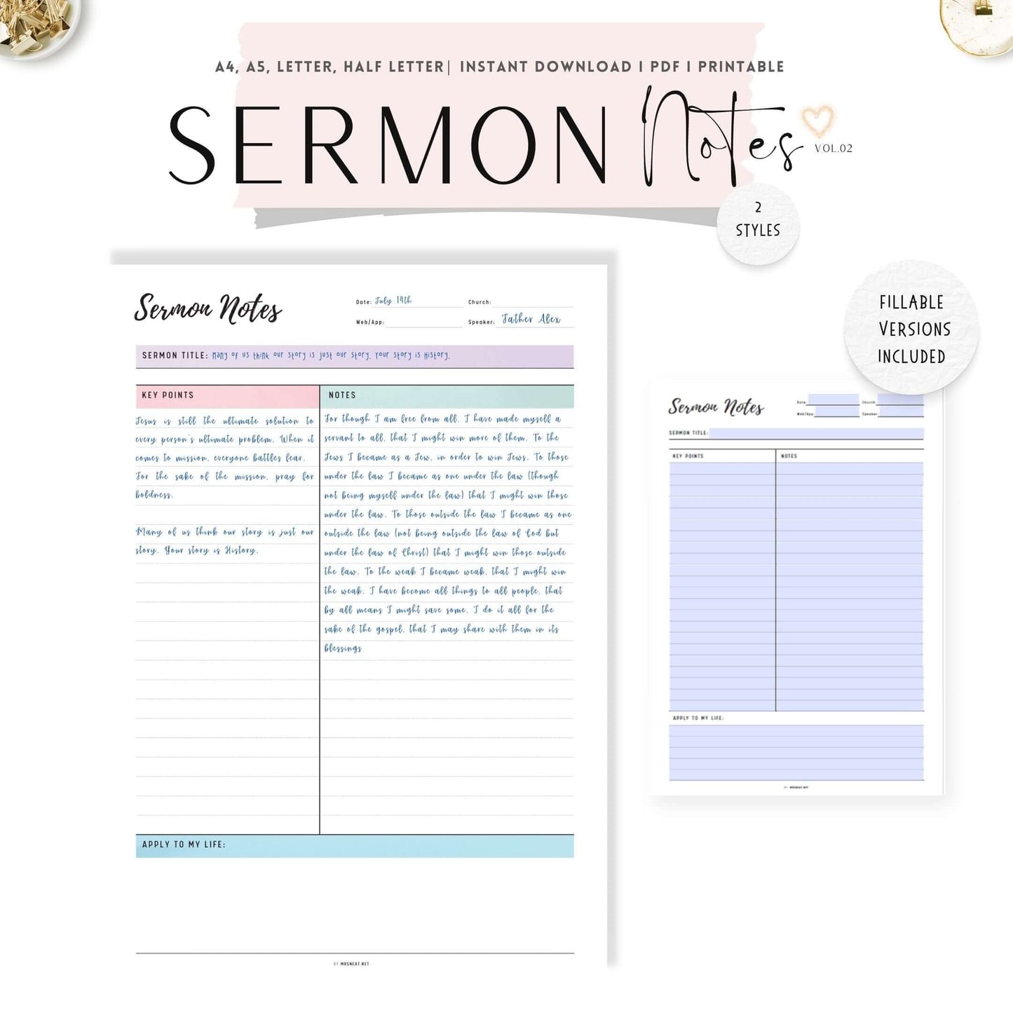 Sermon Notes Journal Printable - Vol.02, A4, A5, Letter, Half Letter, 2 versions, Printable Inserts, Fillable versions