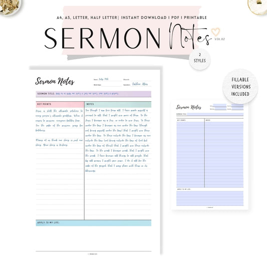 Sermon Notes Journal Printable - Vol.02, A4, A5, Letter, Half Letter, 2 versions, Printable Inserts, Fillable versions