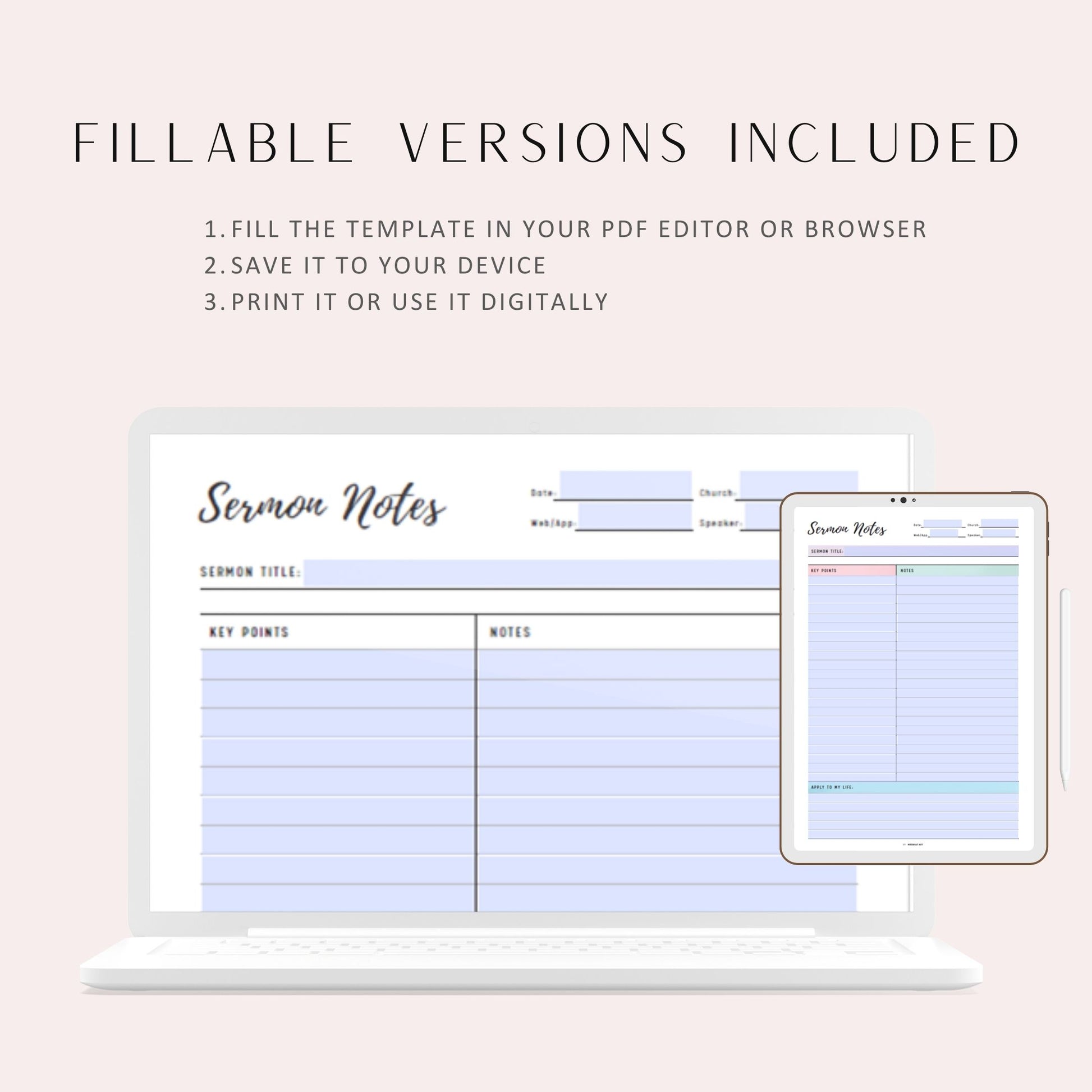 Sermon Notes Journal Printable - Vol.02, A4, A5, Letter, Half Letter, 2 versions, Printable Inserts, Fillable versions