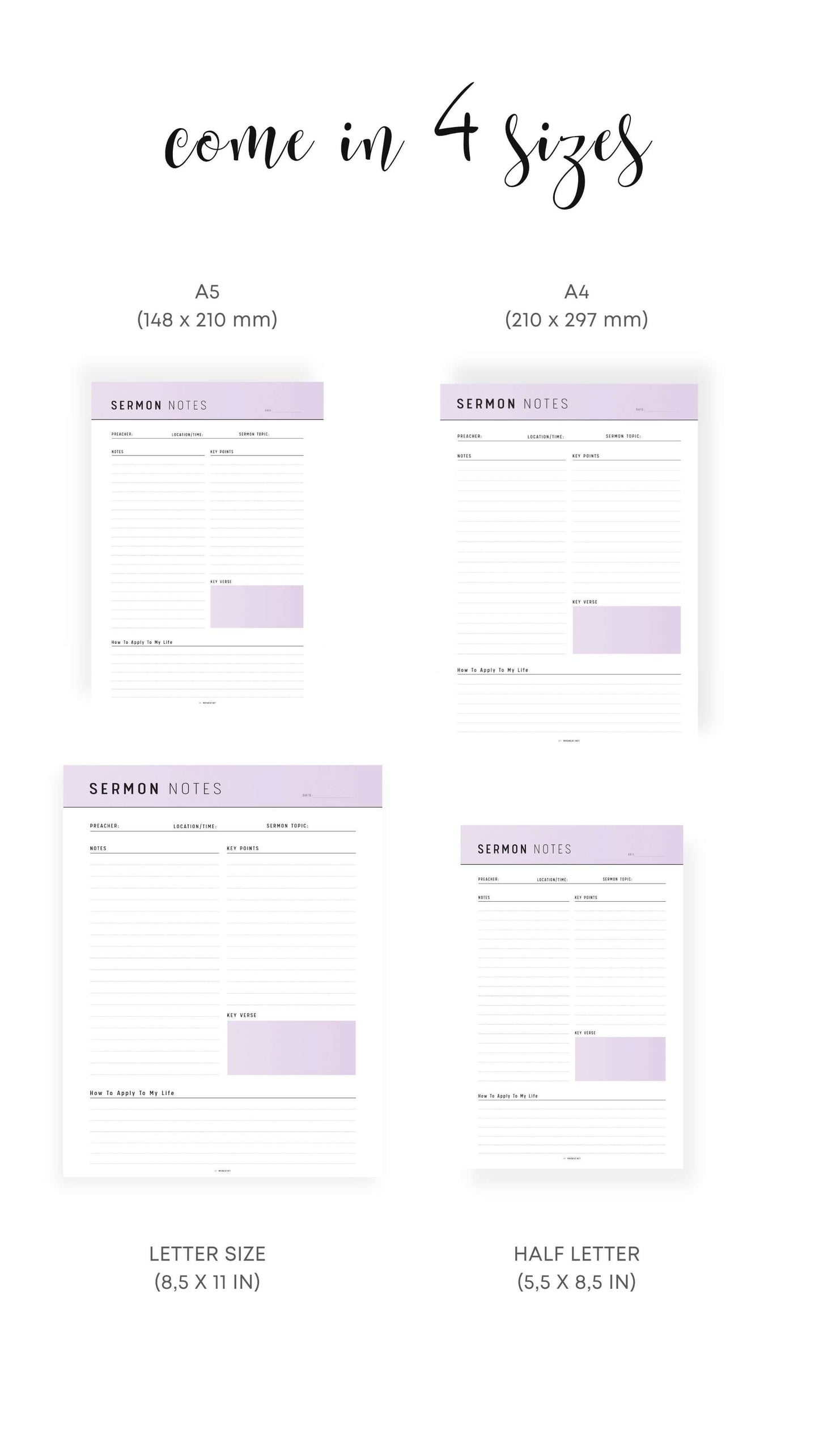 A4, A5, Letter, Half Letter Printable Sermon Notes Journal Template