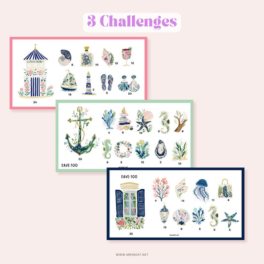 Cute and Beautiful set of three A6 mini savings challenges featuring adorable sea-themed designs for Low Budget Income Savings
