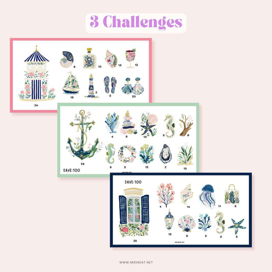 Cute and Beautiful set of three A6 mini savings challenges featuring adorable sea-themed designs for Low Budget Income Savings
