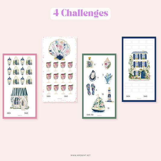 Cute and vibrant set of four A6 mini savings challenges printable for cash stuffing binder insert.