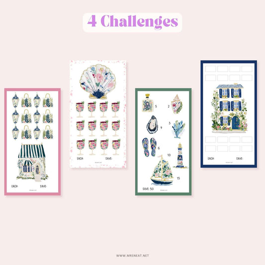Cute and vibrant set of four A6 mini savings challenges printable for cash stuffing binder insert.
