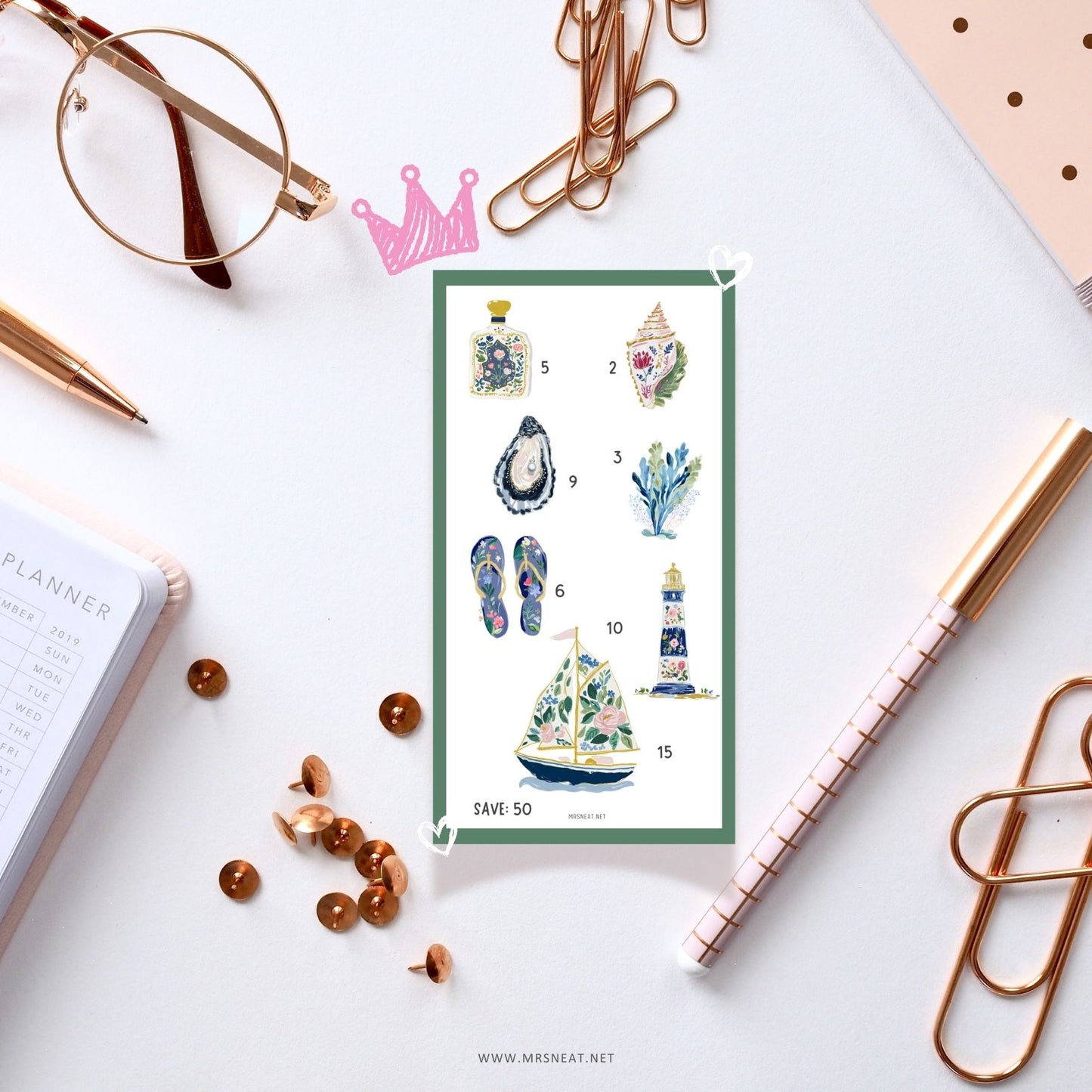 Adorable bold green A6 Mini Savings Challenge with Beautiful aesthetic sea artwork